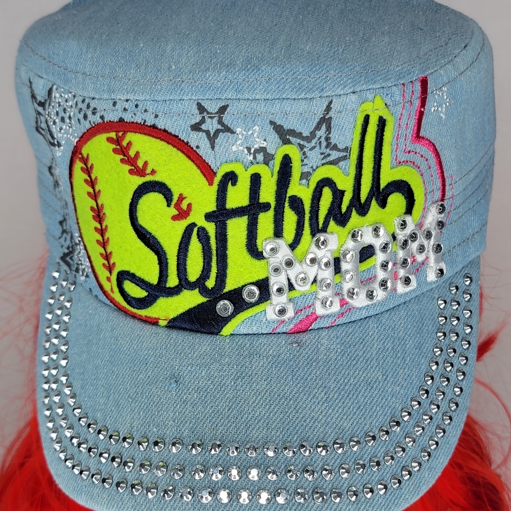 H25241 NWT Light Blue Denim Rhinestone Softball MOM Cadet Caps